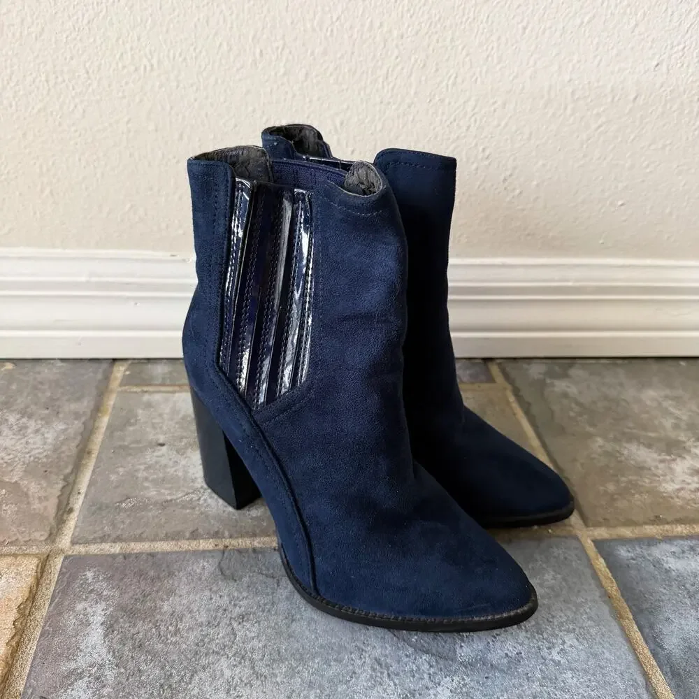 Franco Banetti Navy Suede Ankle Boots Point Toe Block Heel Size 6